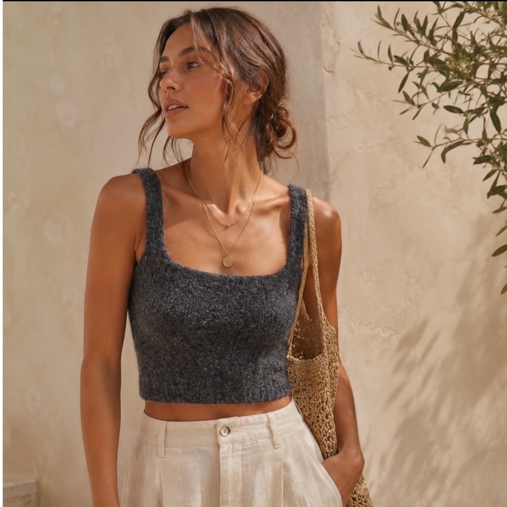 NEW EVERLANE‎ The Cozy Stretch Tank Wool YAK CROP Heathered Charcoal Grey MEDIUM